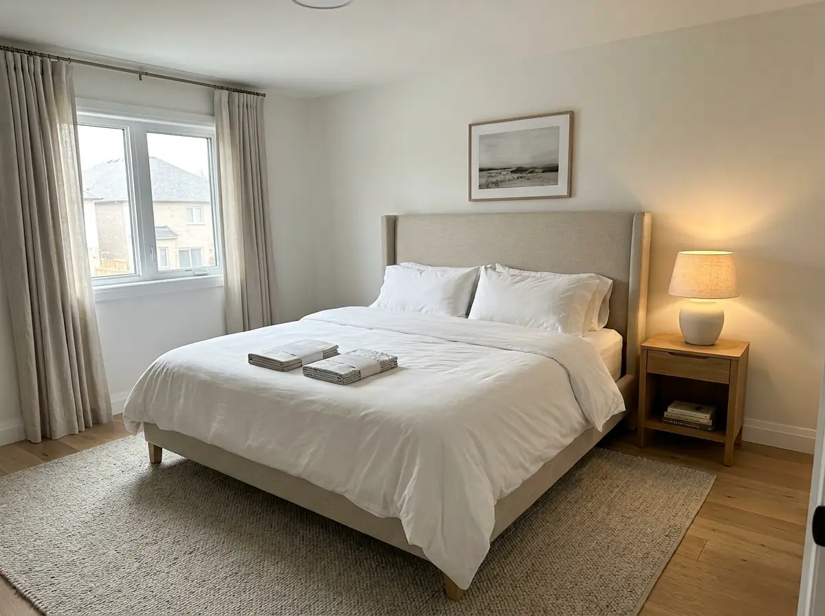 Two folded cotton sheet sets on a made bed, one labeled Egyptian and one Supima