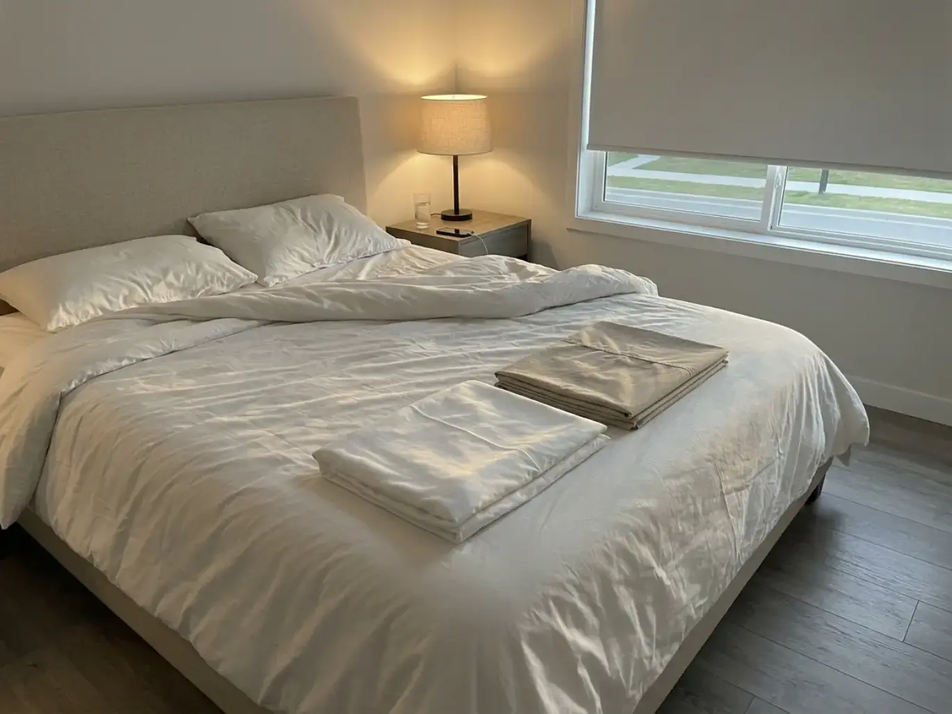 Two white cotton sheet sets on a made bed, one matte and creased, one smooth and sheened