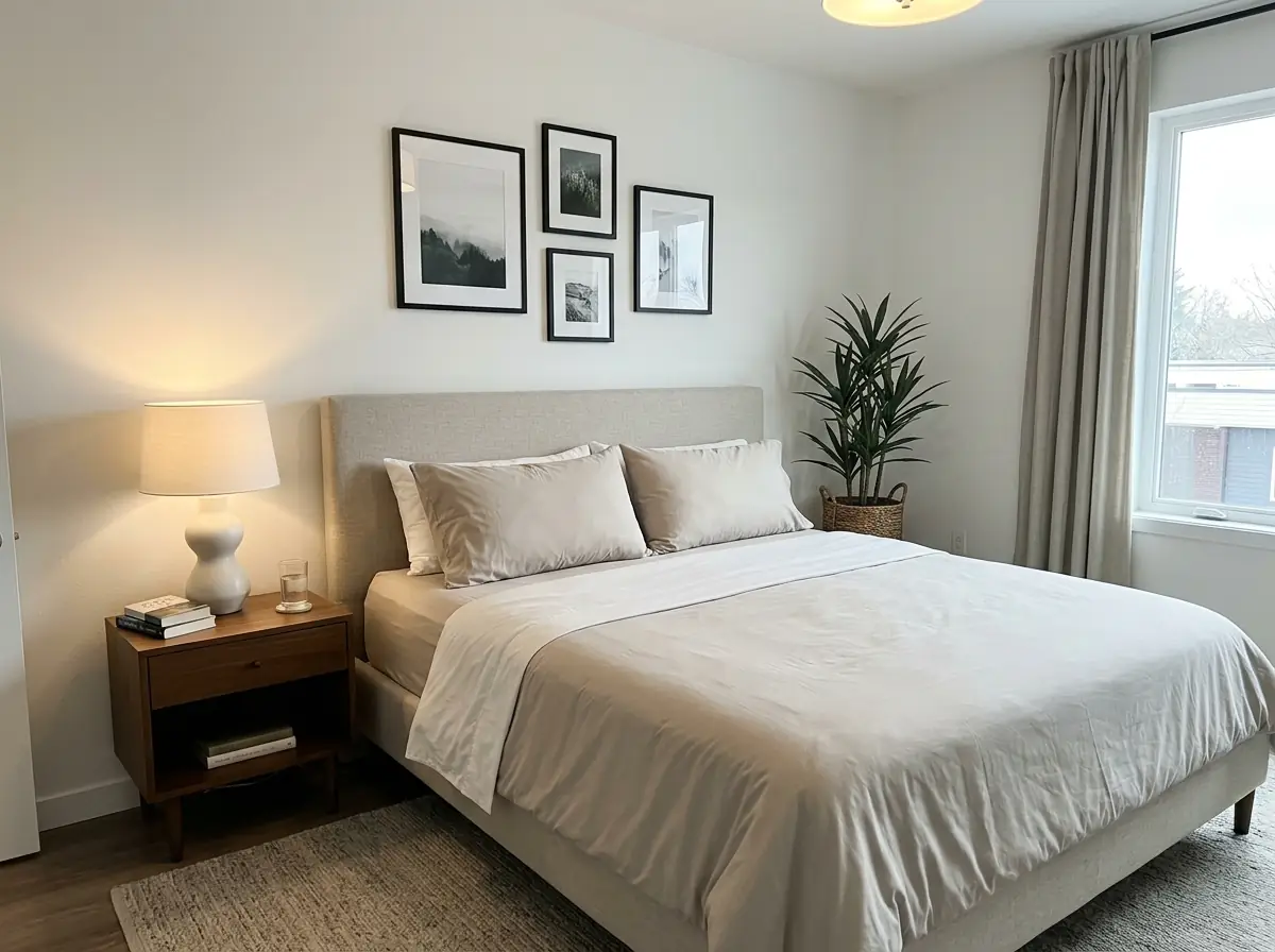 Neatly made bed with a matte microfiber sheet set in a bright rented bedroom on an overcast morning