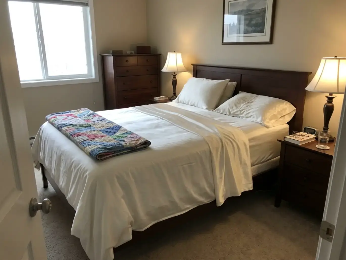 Ivory silk charmeuse sheets on a made bed in an older couple's bedroom, both bedside lamps on