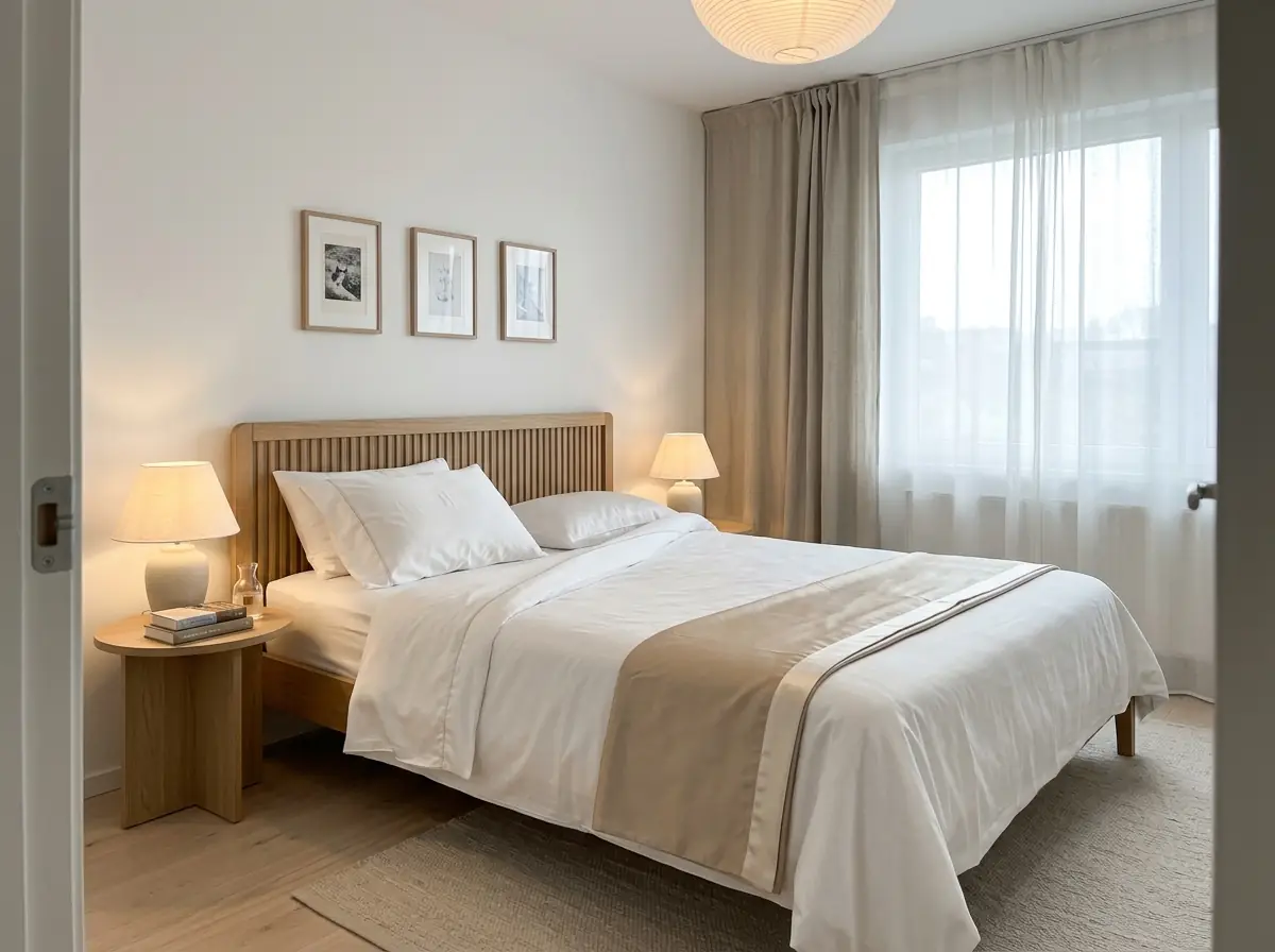 Neatly made bed with white bamboo sheets and a folded silk throw in a bright Scandinavian bedroom