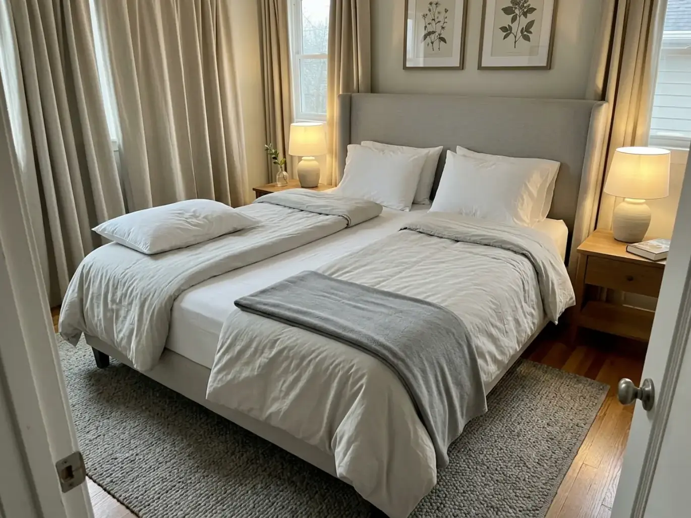 A queen bed made with white percale and two separate duvets, one on each side, in morning light