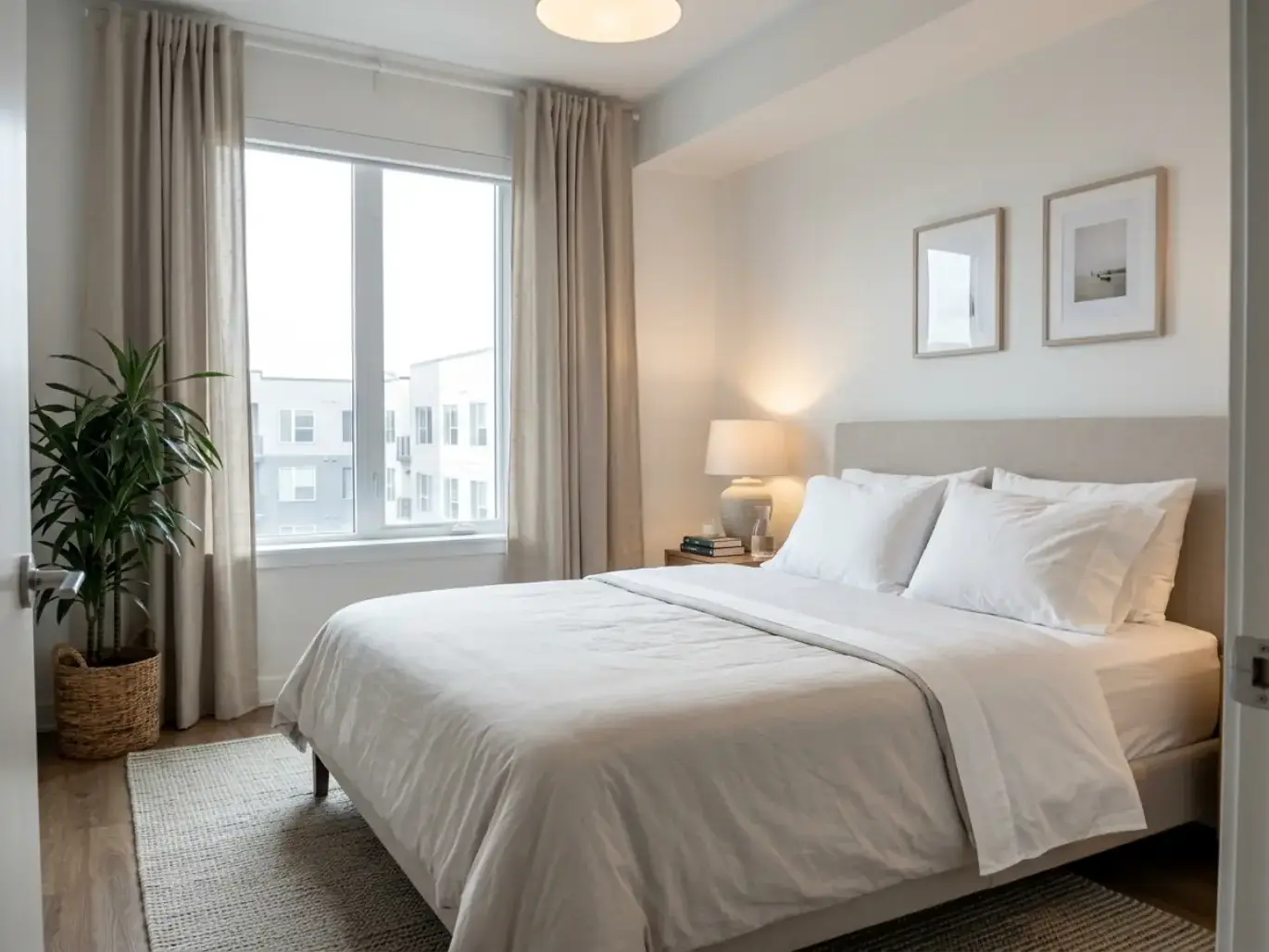 Neatly made bed with crisp percale sheets in a bright rental bedroom, morning light through tall curtains