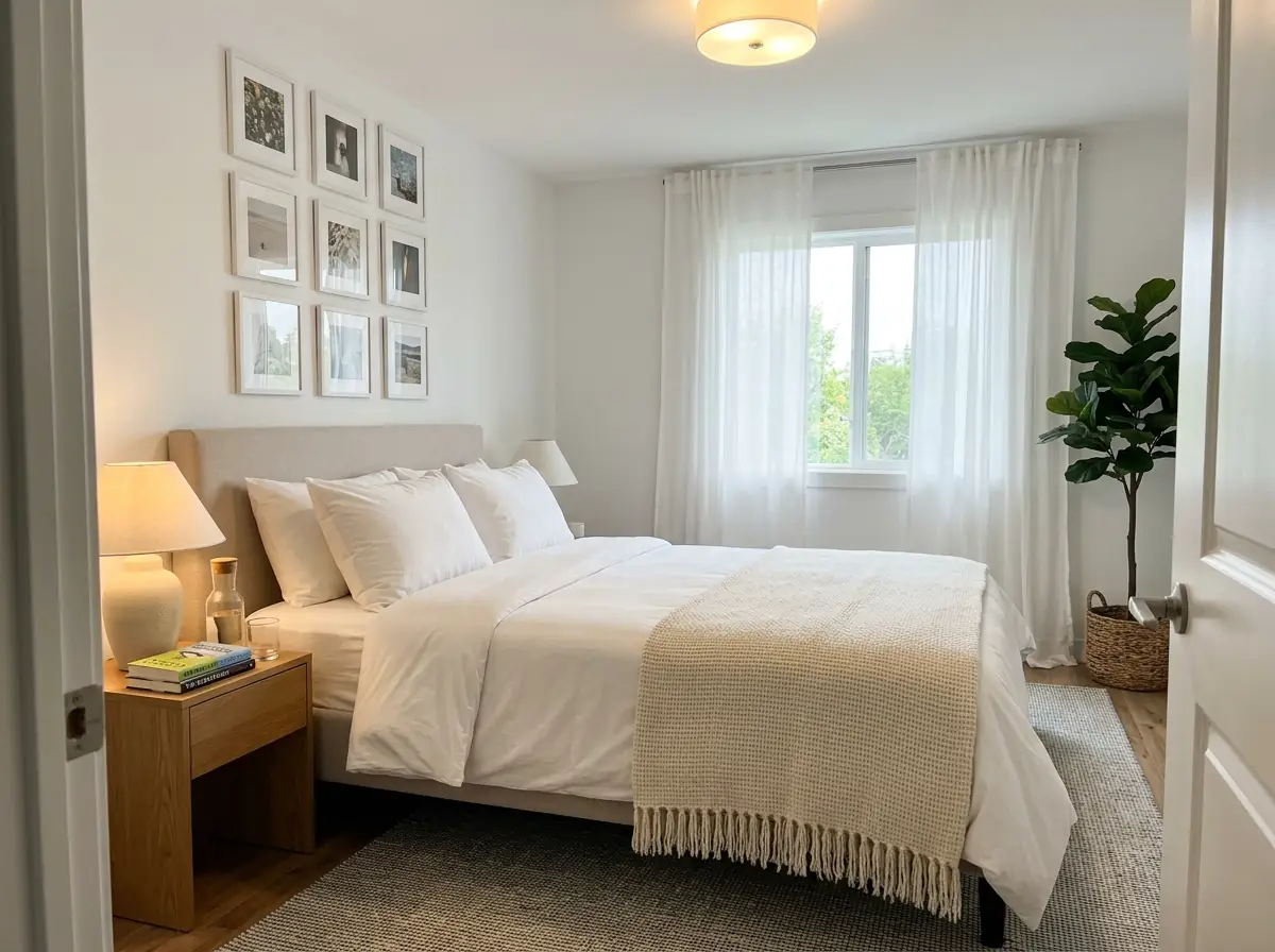 A wool blanket folded across the foot of a made bed in a bright bedroom, warm layers ready for winter