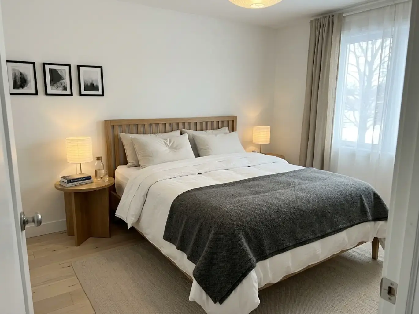 A winter bedding set built up in layers on a bright Scandinavian bed, blanket folded across the foot
