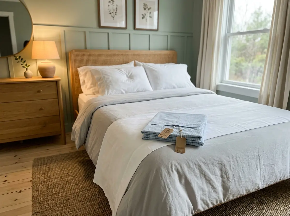 A newly made bed with the sheet package hangtags still on the folded set at its foot