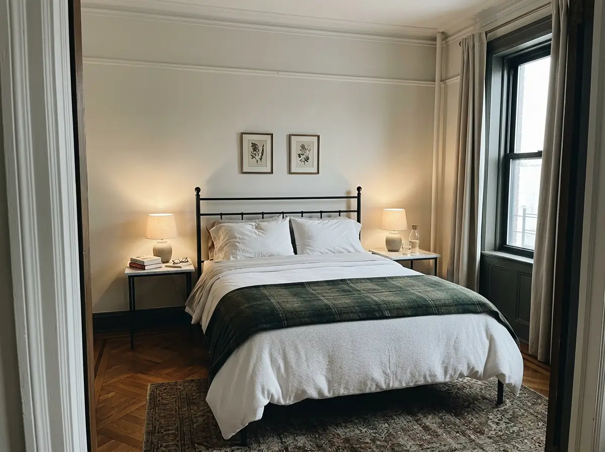 A neatly made bed layered with flannel sheets, a duvet and a folded wool blanket in a cold prewar bedroom