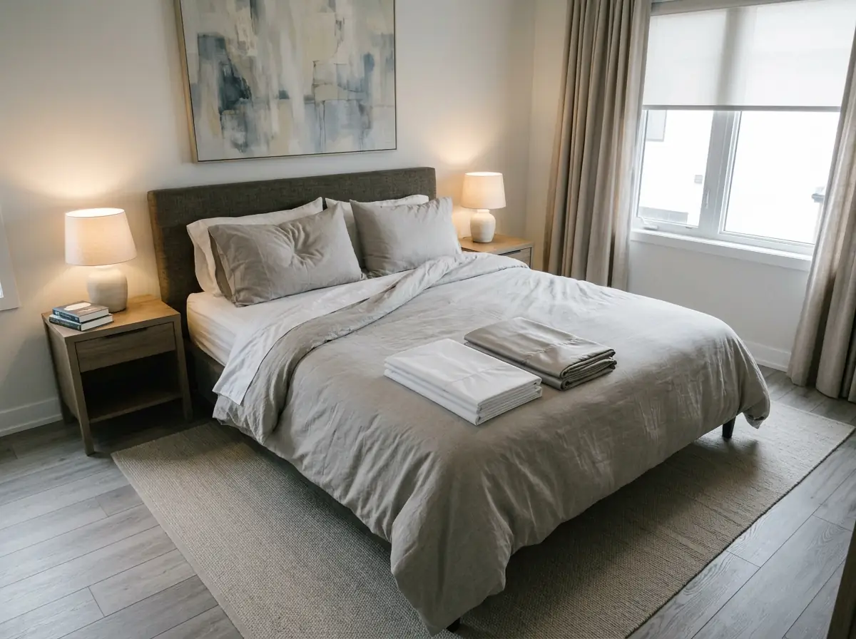Two folded sheet sets on a made bed, one crisp cotton percale and one smooth bamboo sateen
