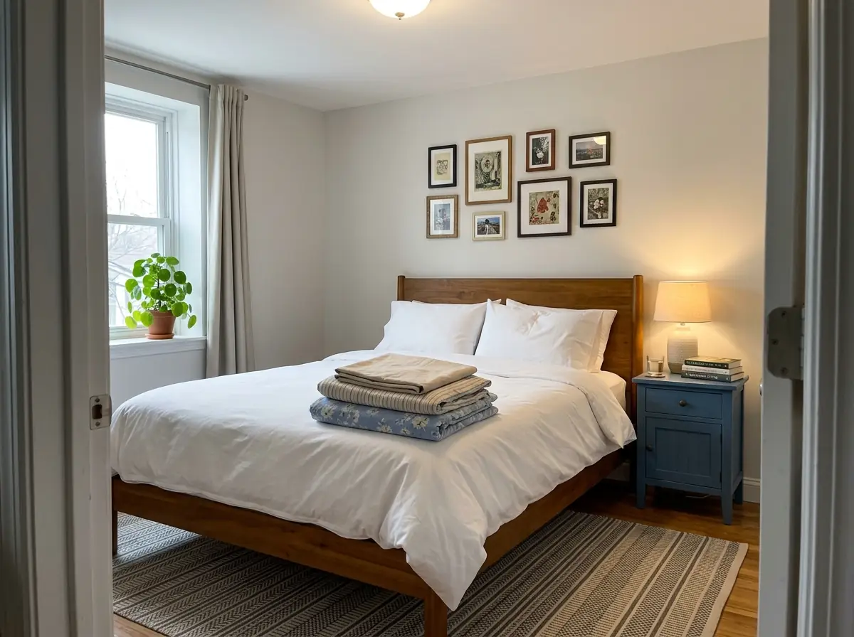 A made bed with a folded pile of old sheets stacked at its foot in a sunlit first apartment bedroom