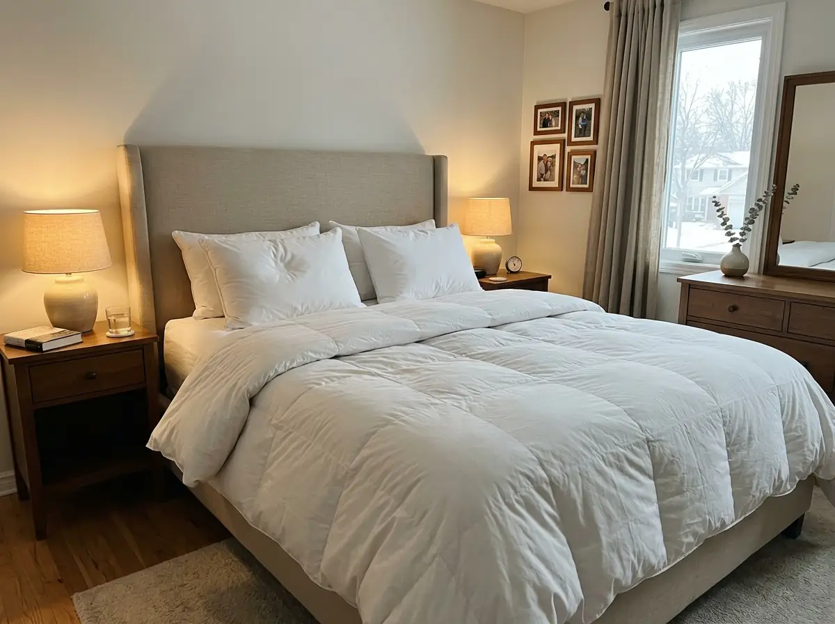 A queen bed with a thick white comforter turned back on one side, both bedside lamps lit on a bright morning