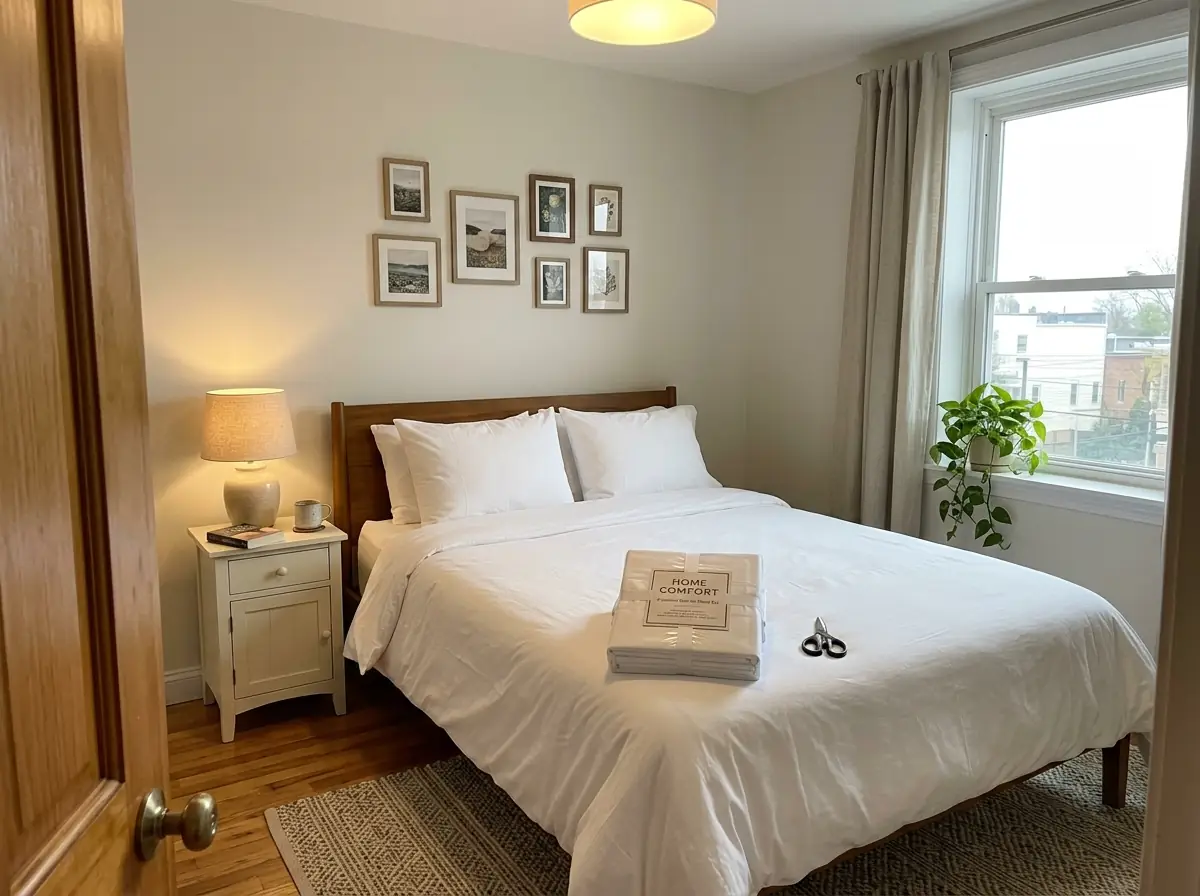 Sheet set still in its printed band lying folded on a neatly made bed in a bright bedroom