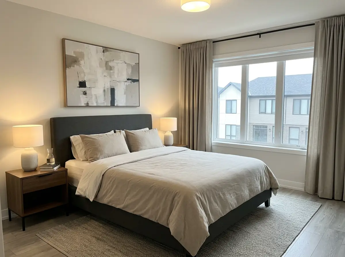Flannel sheet set made up on a queen bed in a bright new-build bedroom on a cold morning