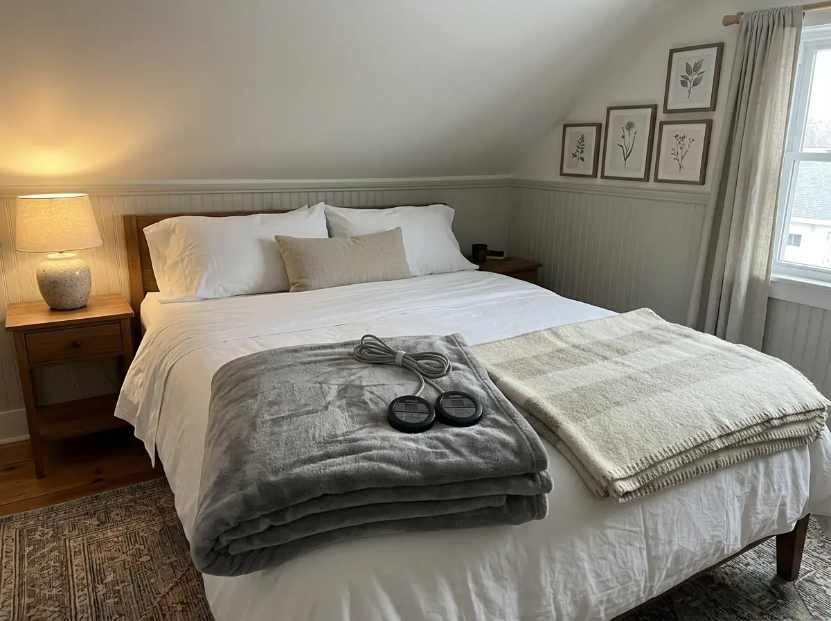 Heated blanket folded at the foot of a made bed beside a wool blanket in an attic bedroom