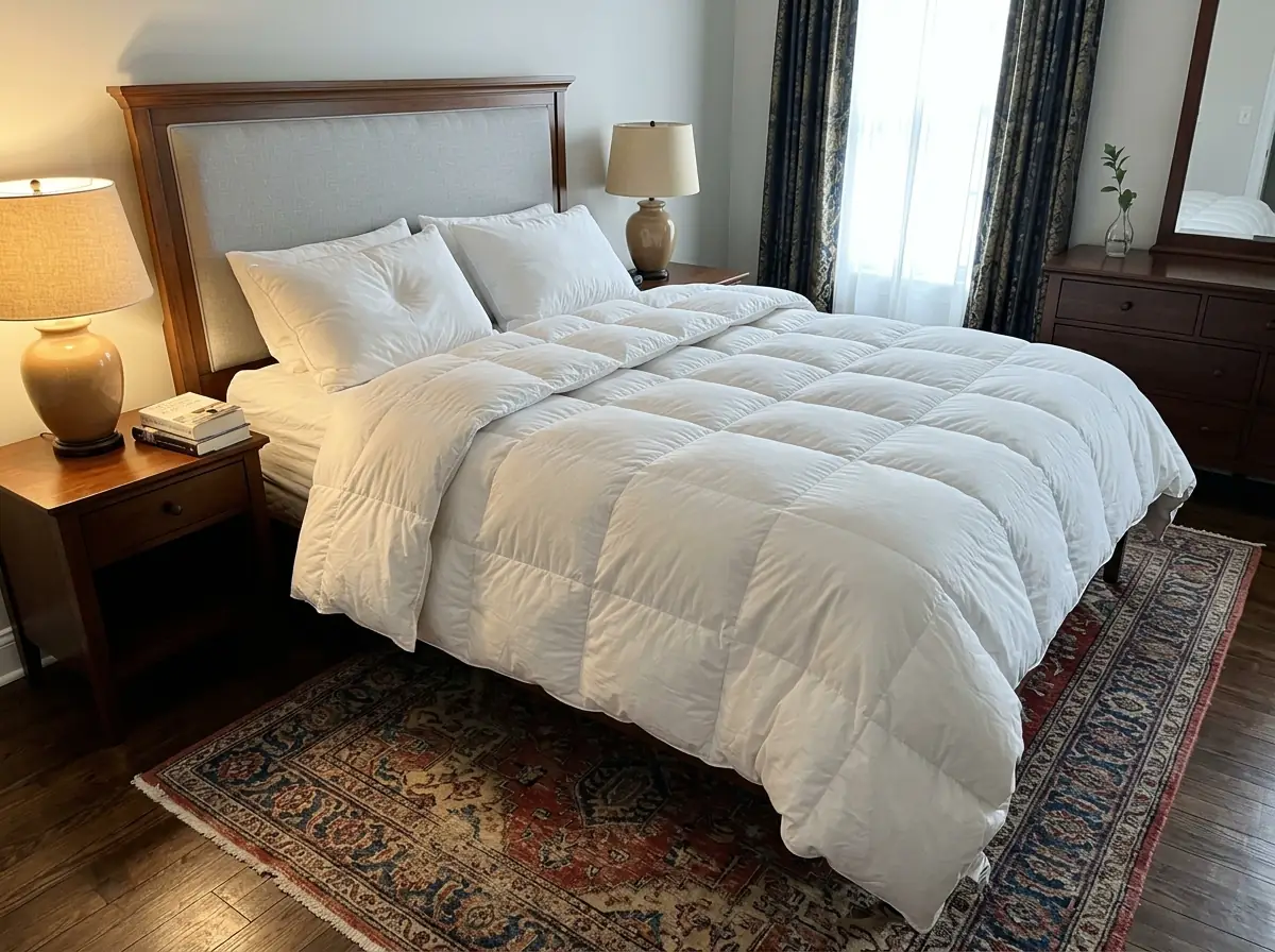 A thick comforter lofting on a neatly made bed in a well-furnished bedroom on an overcast morning