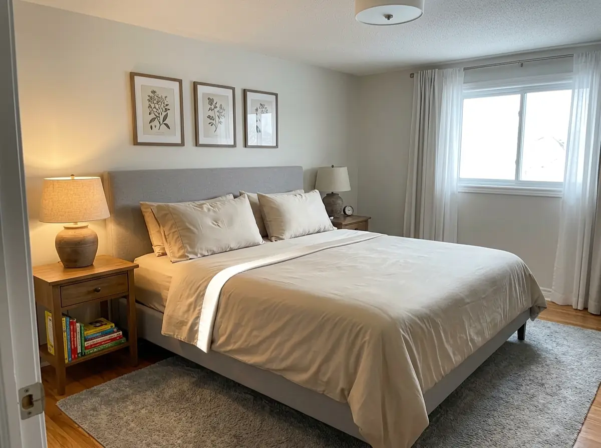 Bamboo sateen sheets neatly made on a family bed, the sheen catching bright morning light from the window