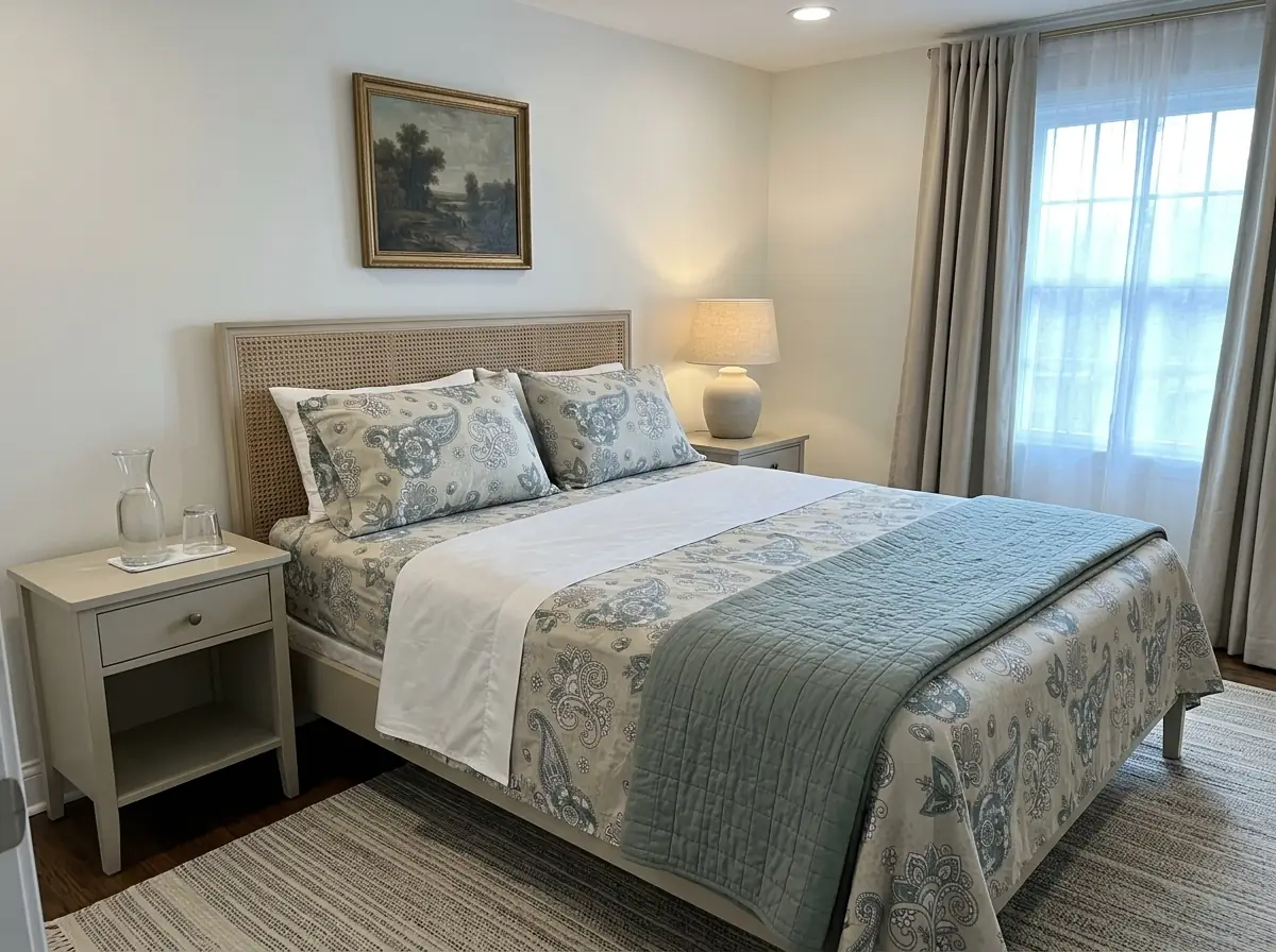 Guest bed made with crisp white percale sheets, folded quilt across the foot, lamp lit