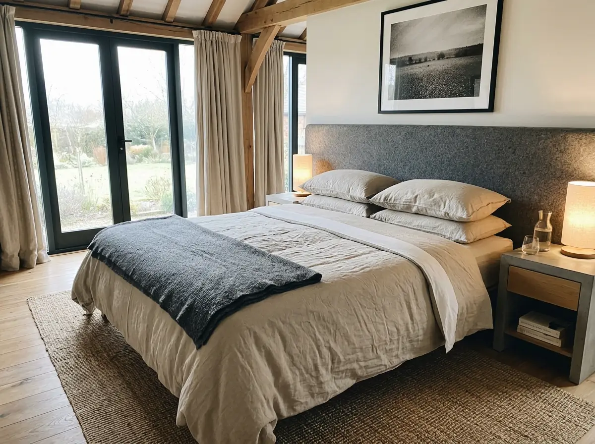 Heavy washed linen bedding neatly made on a wide bed in a bright renovated barn bedroom