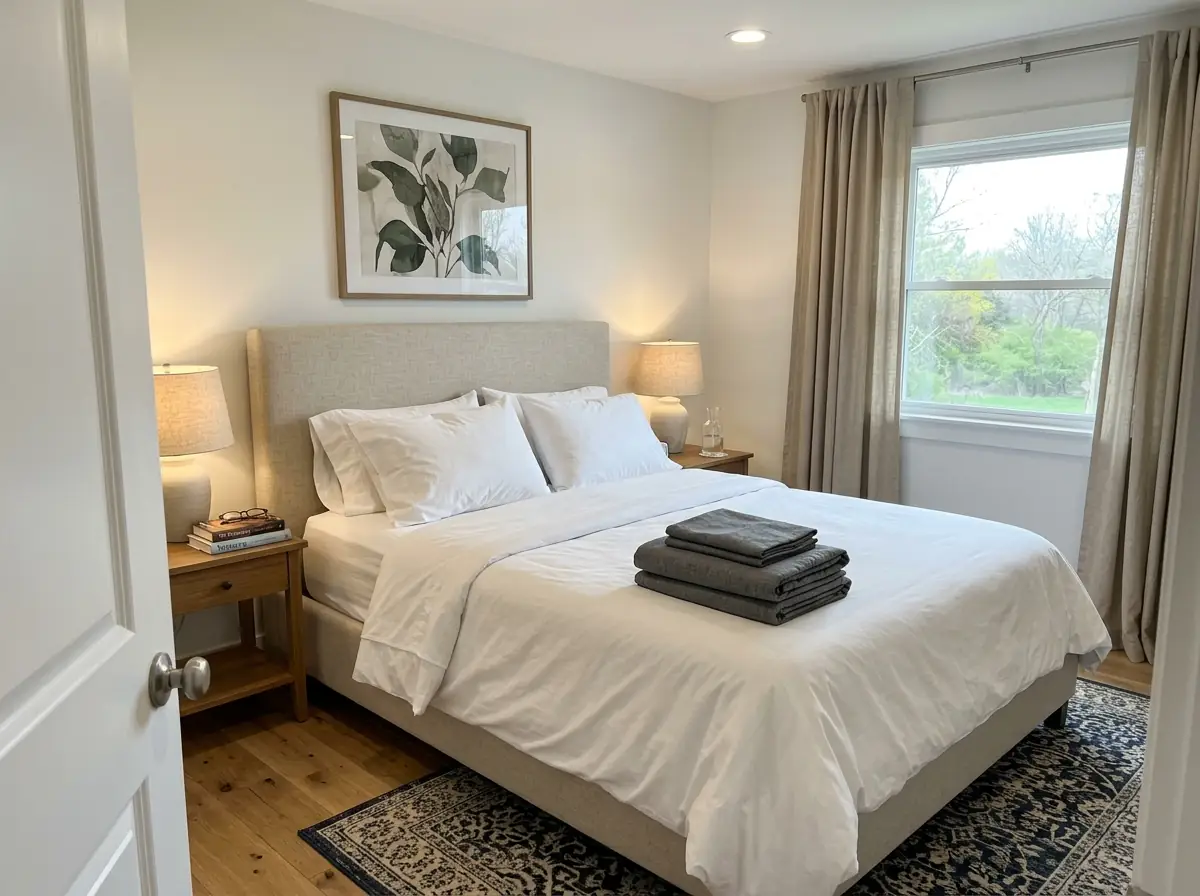 Neatly made bed with a folded spare sheet set on the end, in a bright suburban bedroom