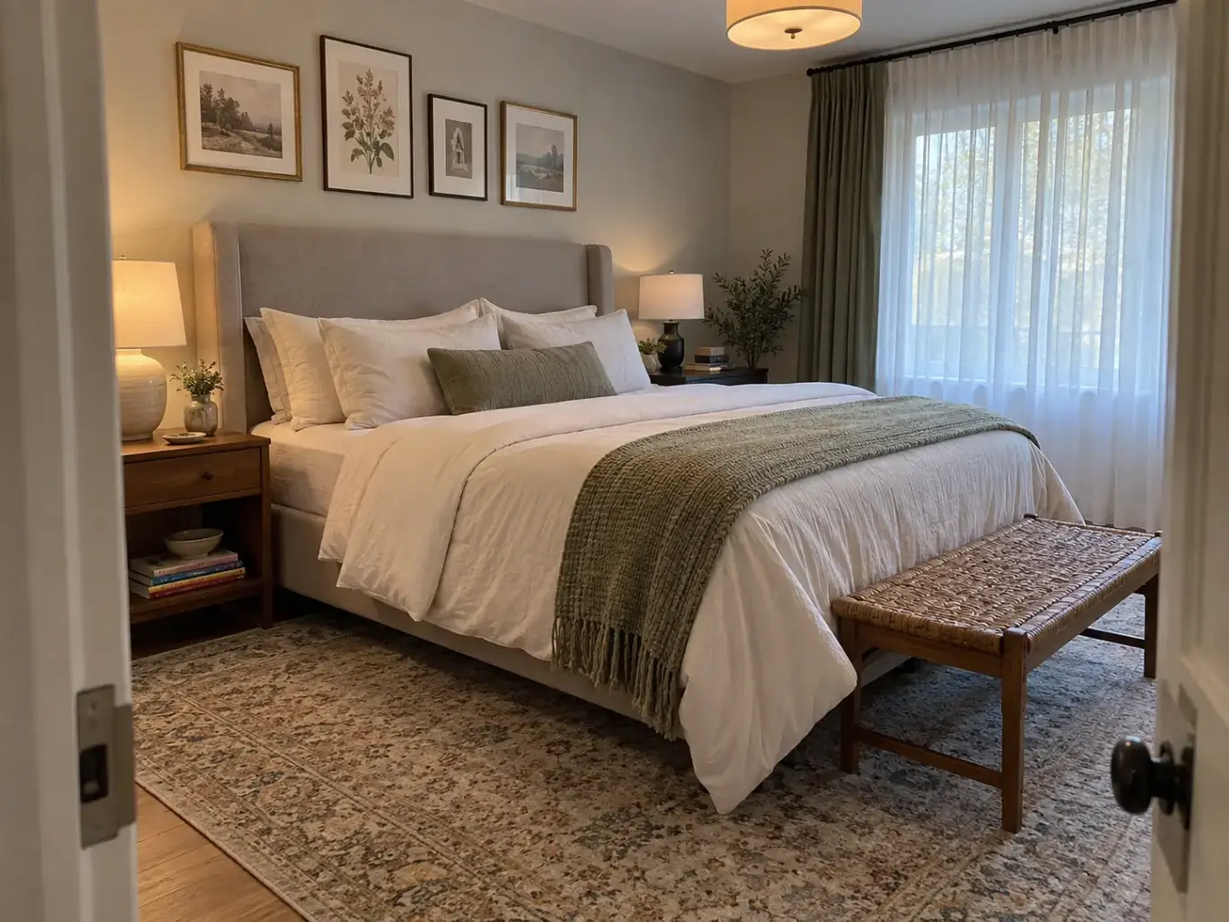 Neatly made bed in a family home's primary bedroom on a bright overcast morning
