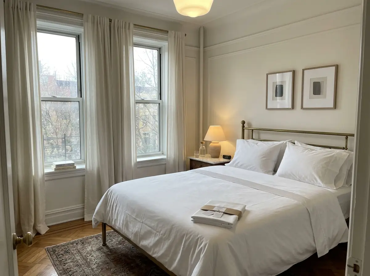 A neatly made bed with the folded hangtags of a new sheet set laid across the foot