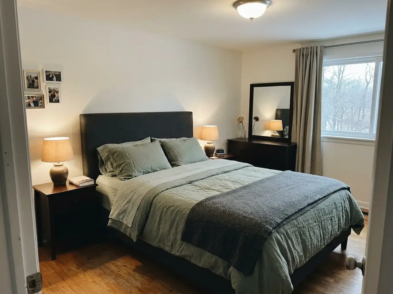 A linen bed made up for winter with a duvet and a folded wool blanket across the foot