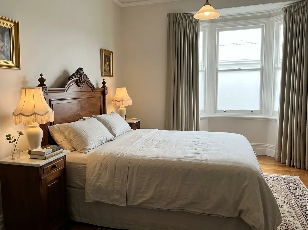 Made linen bed with soft creases across the flat sheet in a restored Victorian bedroom