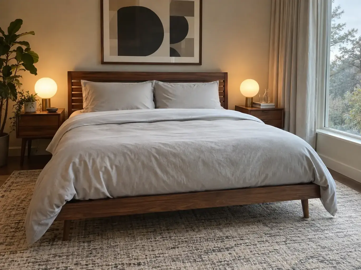 Mid-century bedroom with a brushed microfiber sheet set made up on a walnut platform bed in morning light