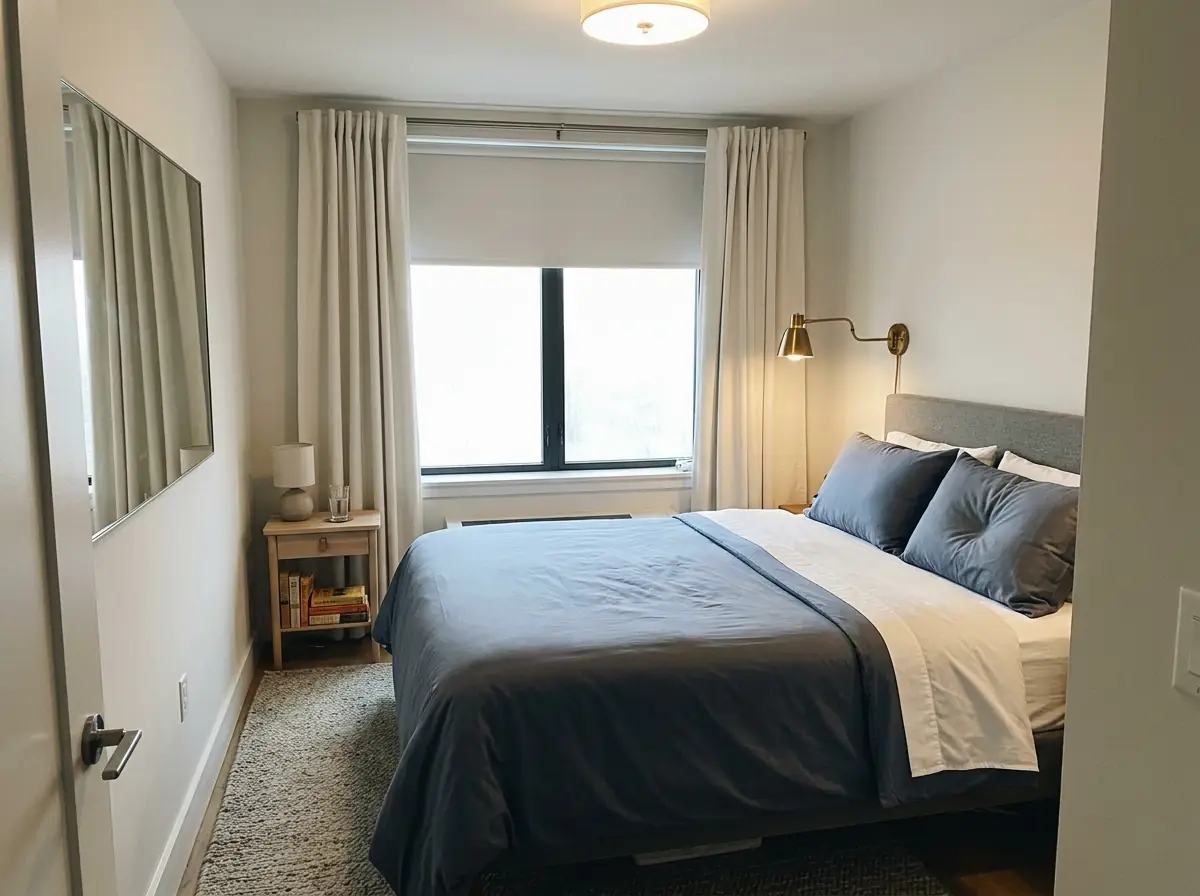 Neatly made bed with brushed microfiber sheets in a small city bedroom, morning light through the blind