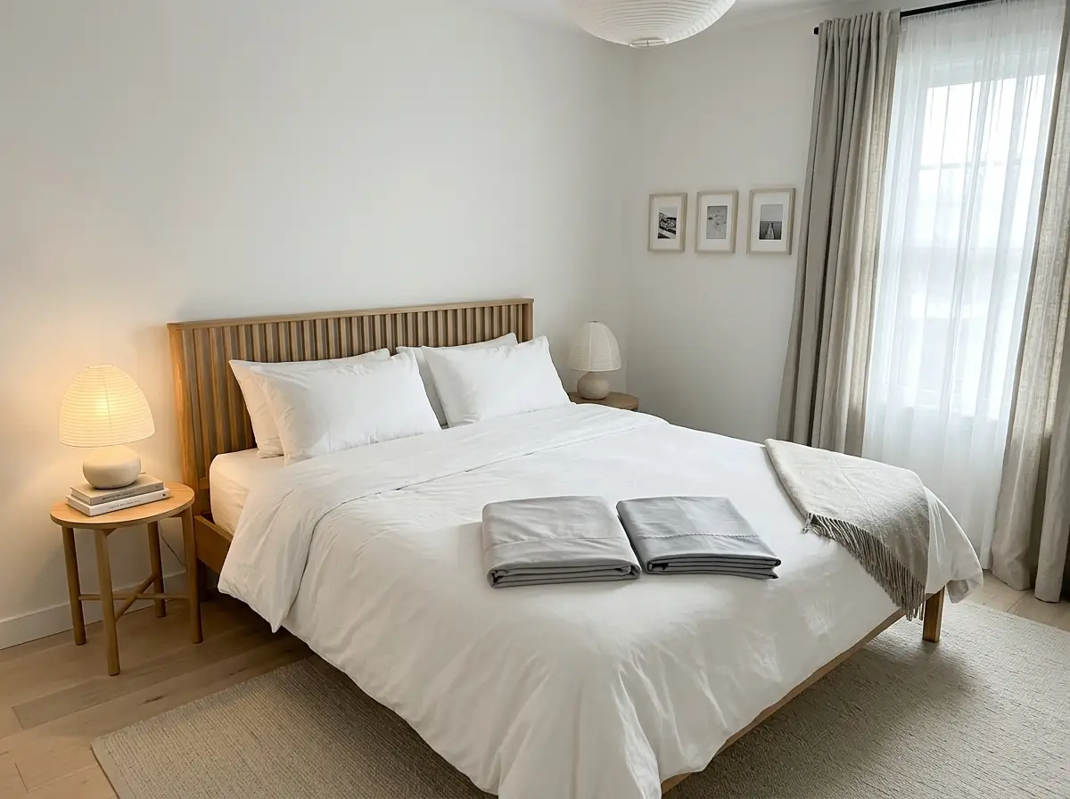 Two folded synthetic sheet sets side by side on a neatly made bed in a bright Scandinavian bedroom