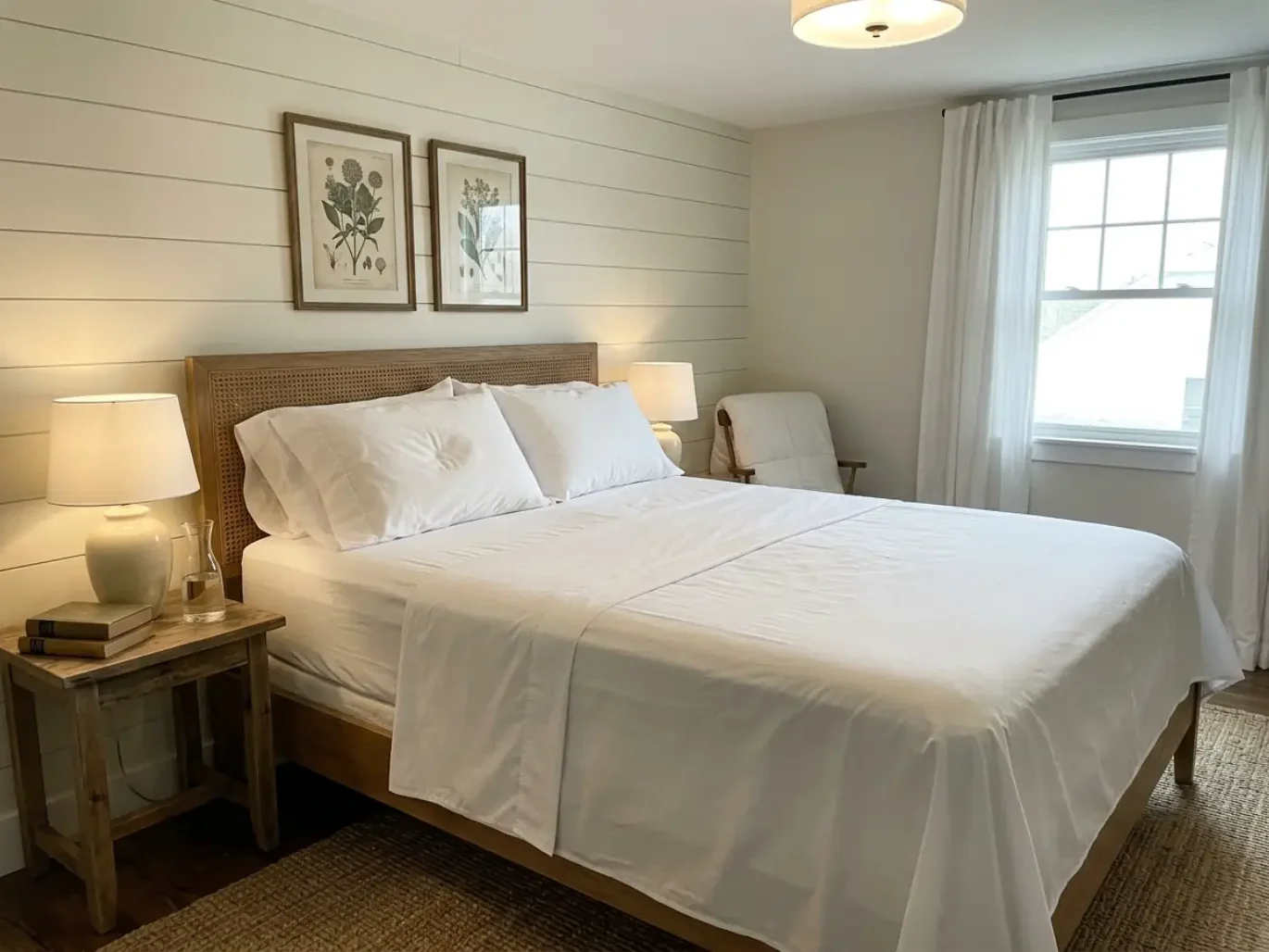 A neatly made farmhouse bed with the top sheet folded back and the comforter carried off to a chair
