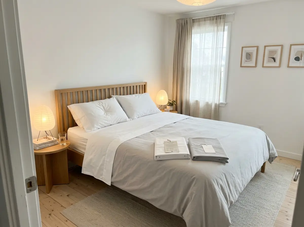 Made bed with two folded sheet sets and their paper tags across the foot, bright Scandinavian bedroom