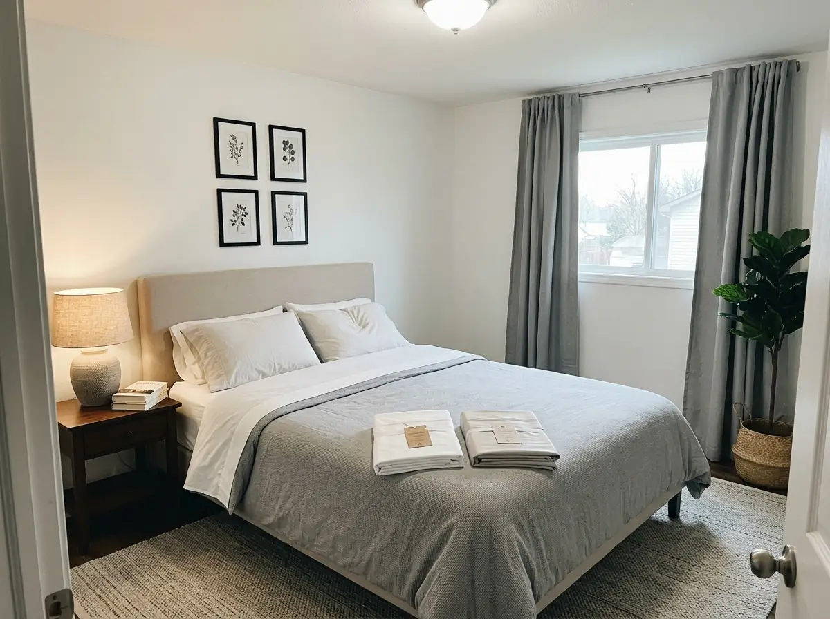 Two folded sheet sets on a made bed with their paper hangtags turned face up