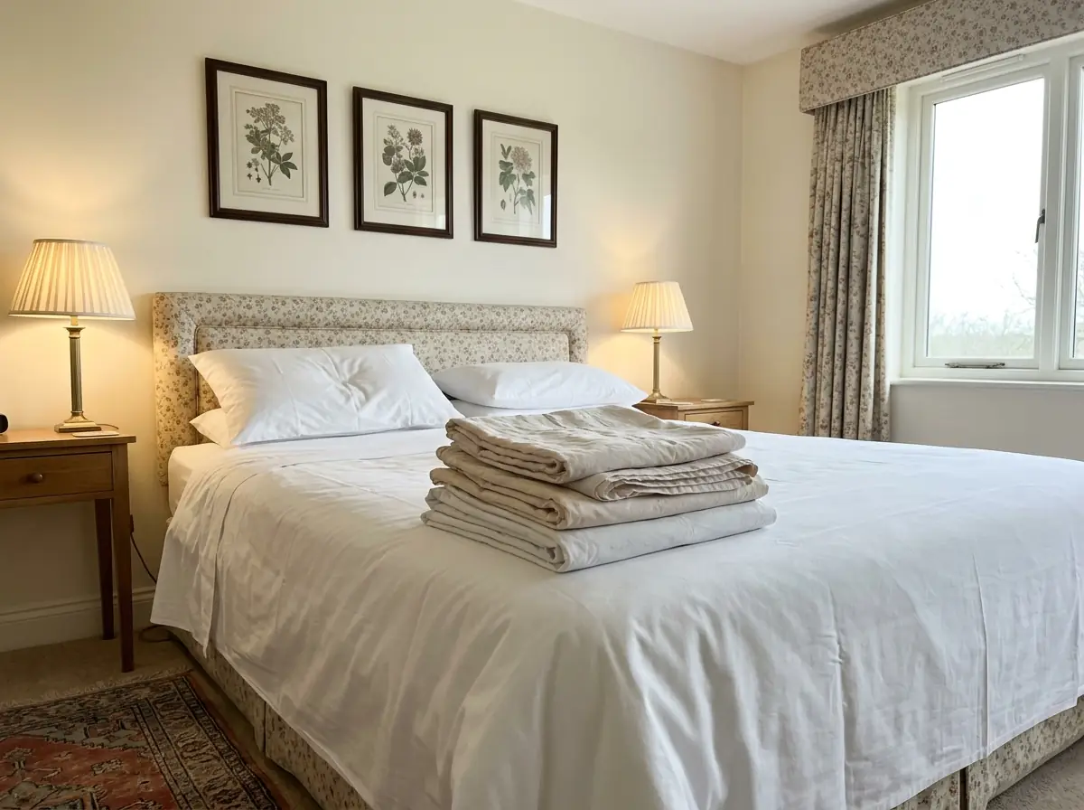 A made bed with a stack of older folded sheets set on the end, sorted before deciding what to do with them