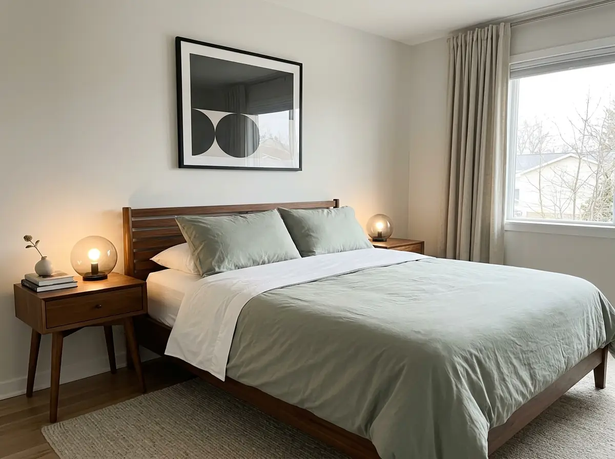 Neatly made bed with matte percale sheets folded back in a band over the duvet, morning light