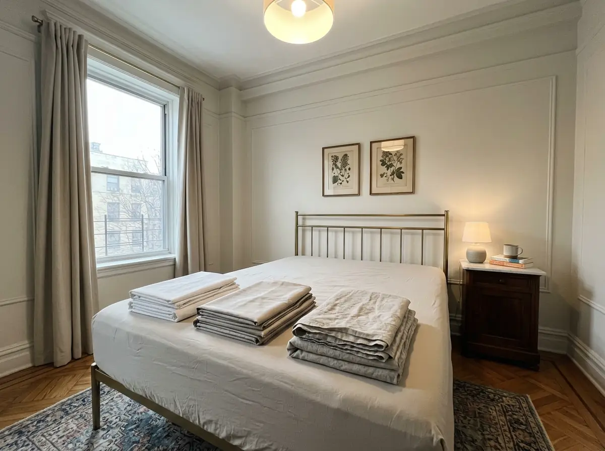 Three sheet sets folded on a made prewar bed, showing percale, sateen and linen side by side