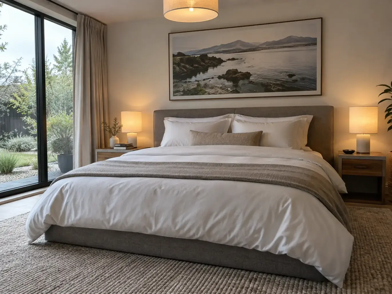A neatly made bed in a garden-room bedroom, the sateen top sheet folded back in a clean band