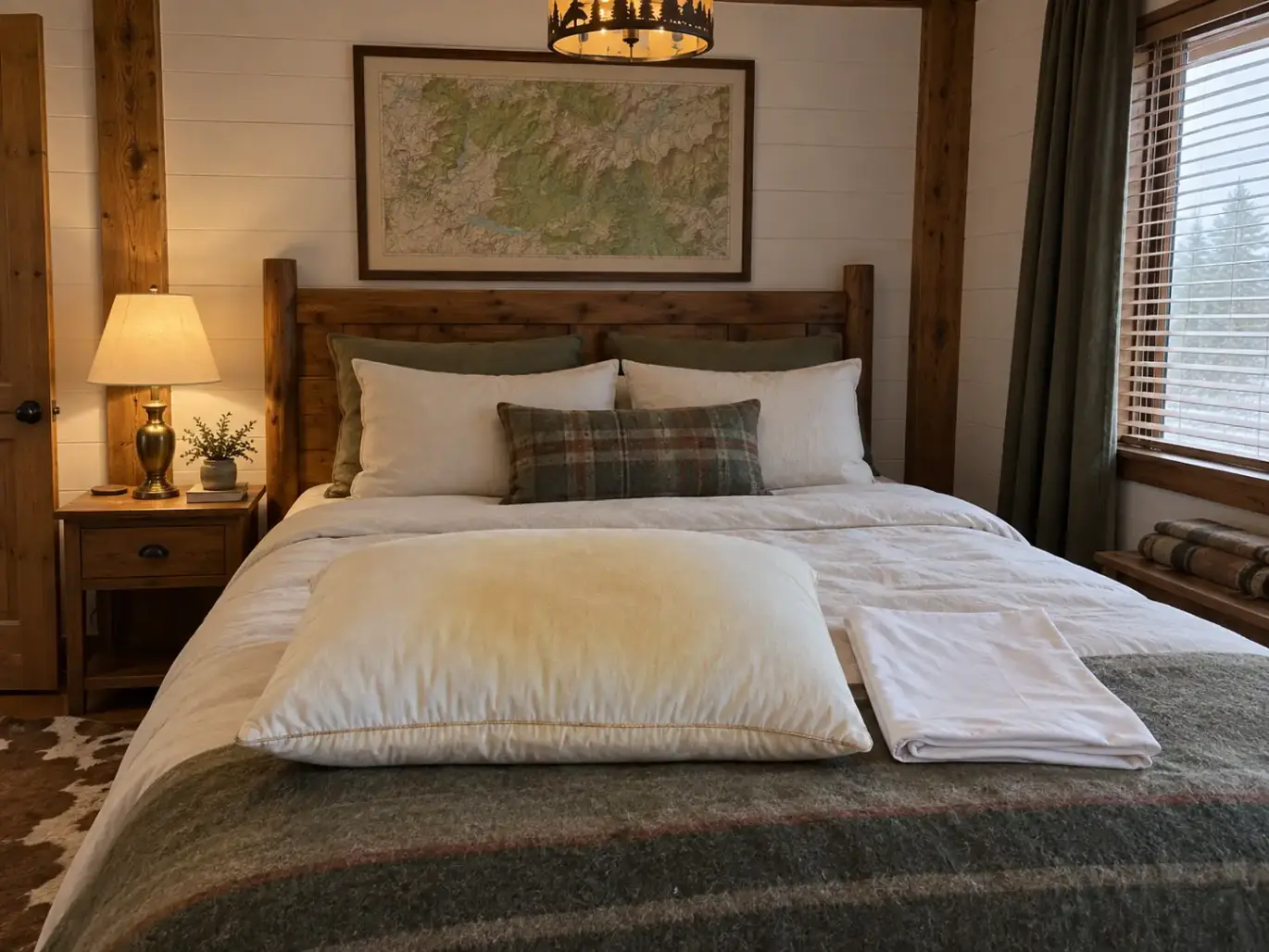 Bare pillow still pale yellow after washing, laid on a made bed in a mountain cabin bedroom
