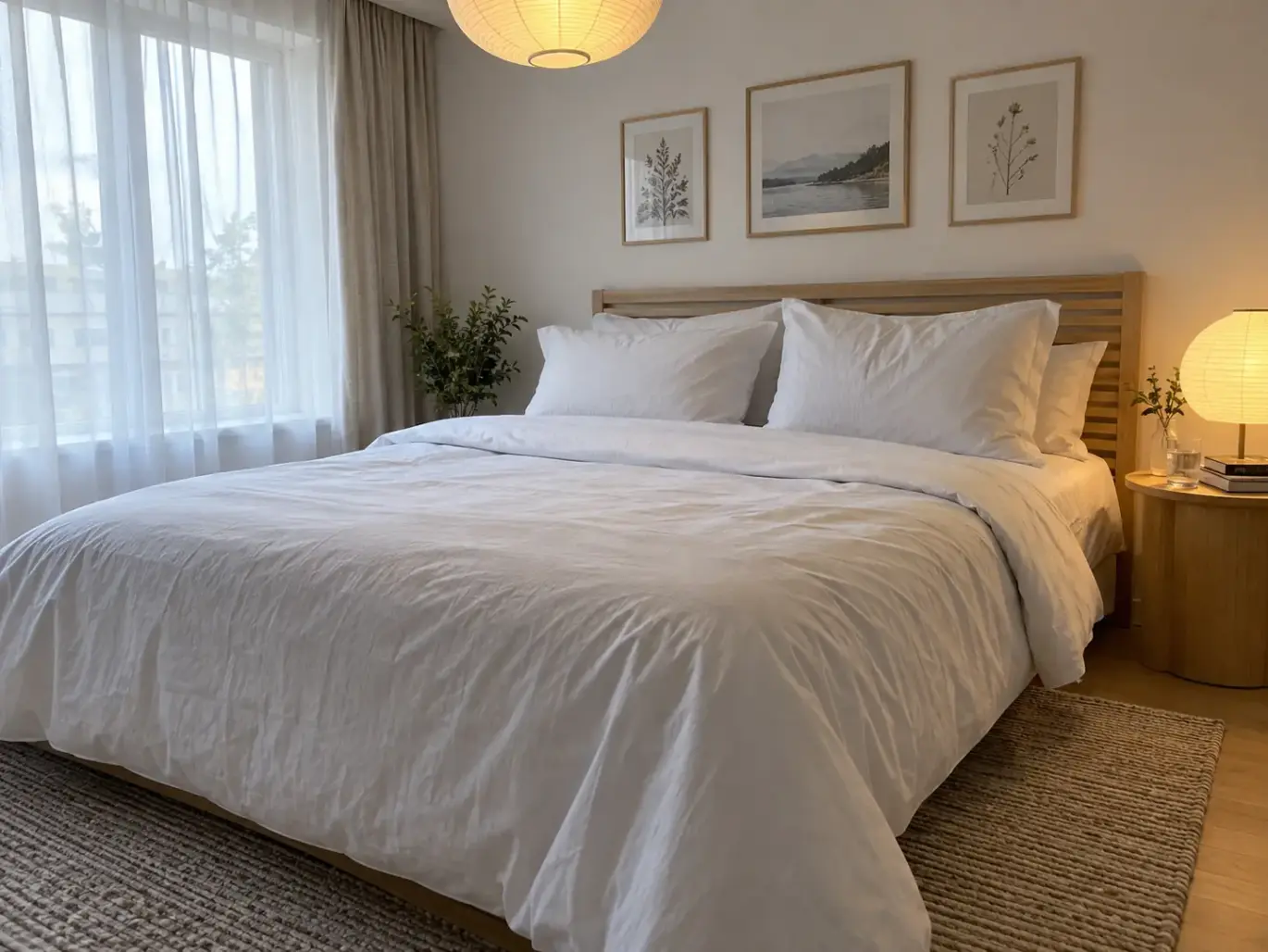 A neatly made percale bed in a bright Scandinavian bedroom, the flat sheet folded back in a clean band
