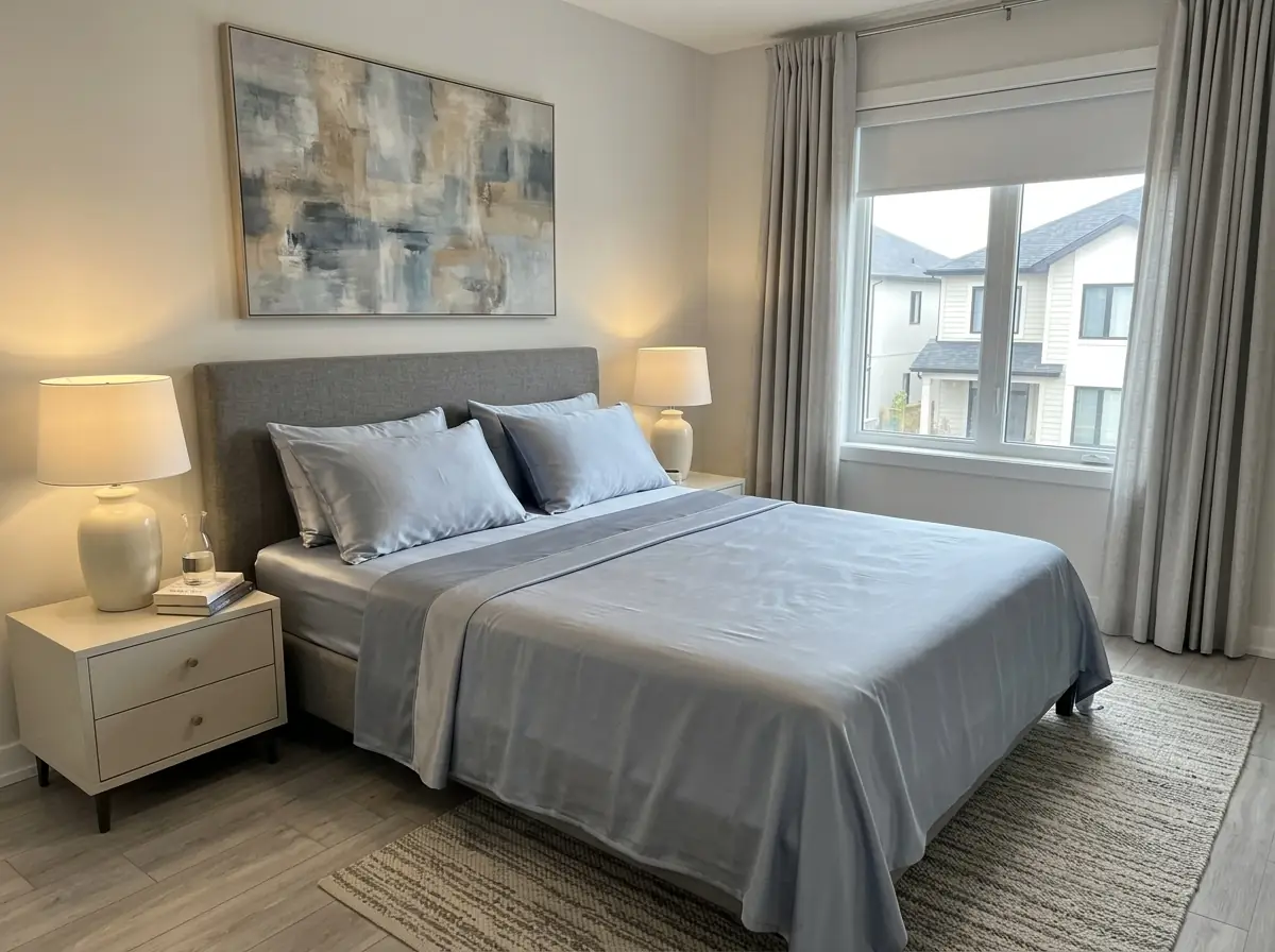 Mulberry silk sheet set made up on a townhouse bed, its sheen running the length of the mattress in morning light