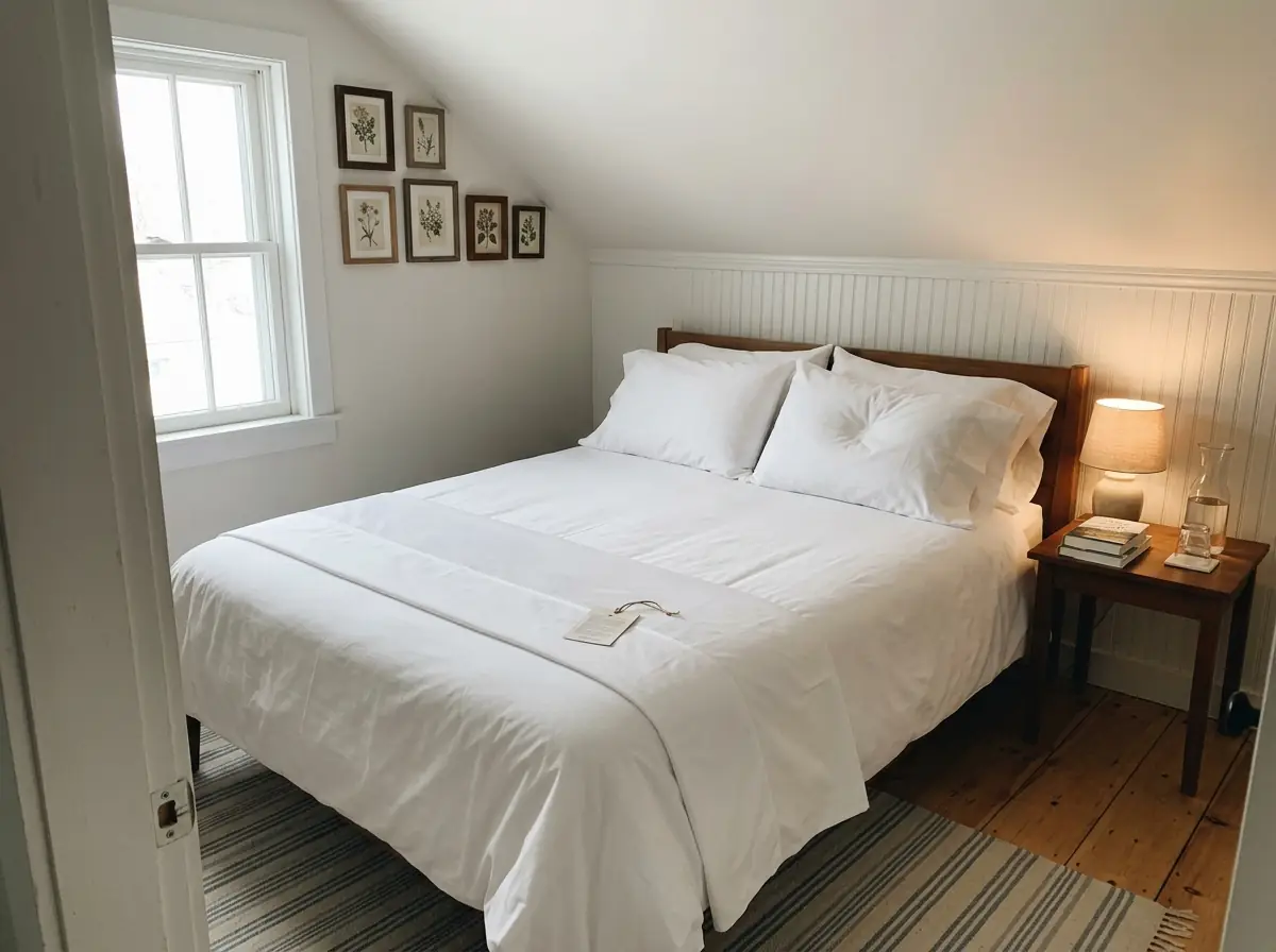 A neatly made attic bed with a printed certification hangtag left on the folded top sheet