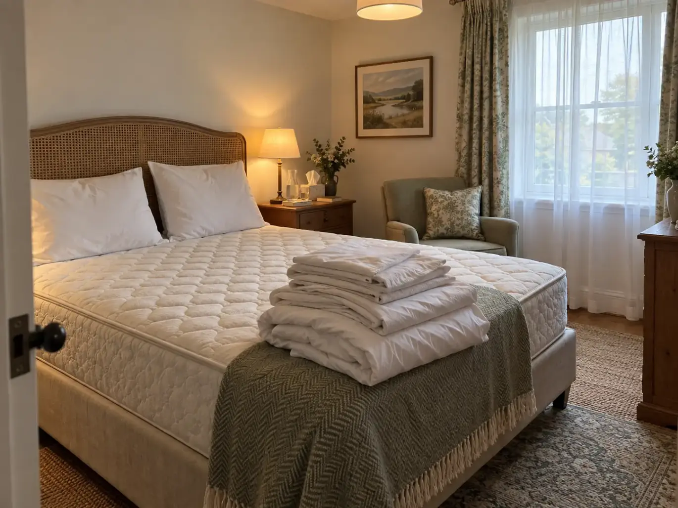 Stripped guest bed with bare mattress and a folded pile of bedding at its foot, curtains open