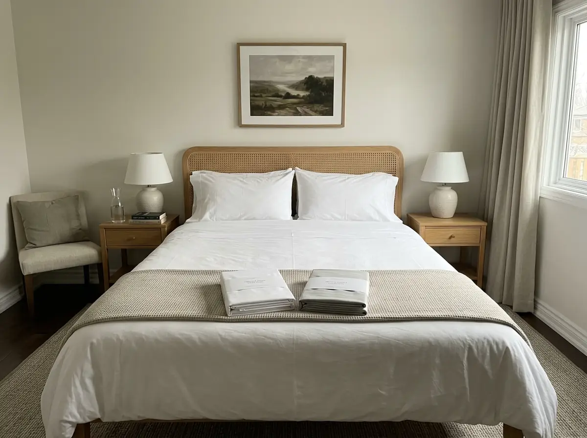 Two folded cotton sheet sets laid side by side on a made guest bed in bright morning light