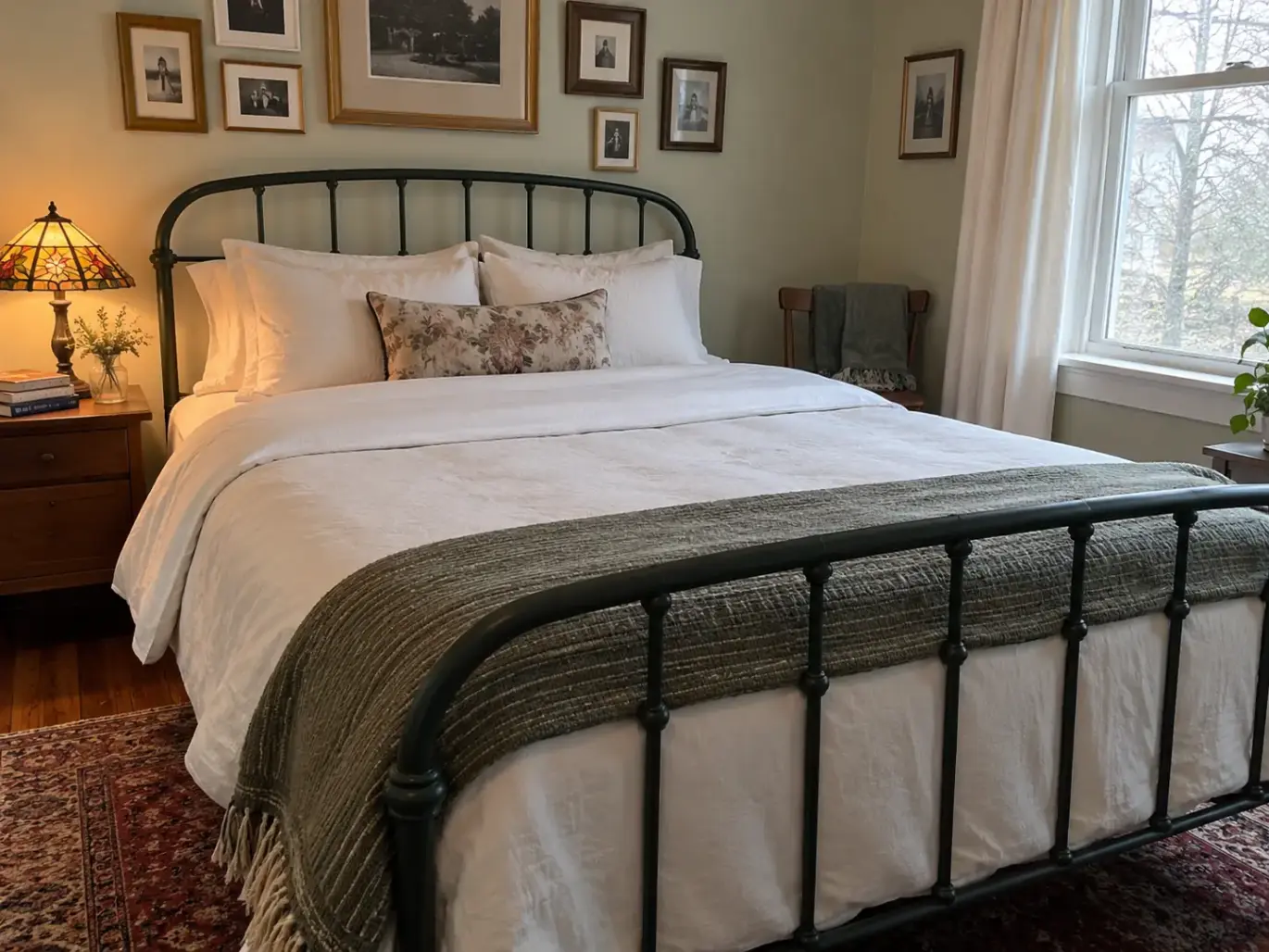 Made bed in a 1920s bungalow bedroom, morning light across a worn cotton flat sheet