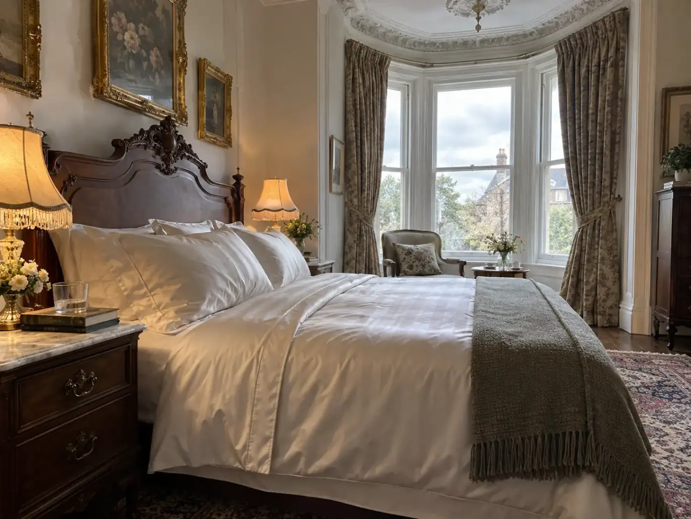 Made bed in a restored Victorian bedroom, sateen sheets catching raking light from the bay window