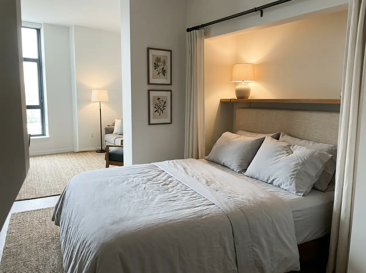 Neatly made bed in a studio alcove, brushed microfiber sheets catching the morning light
