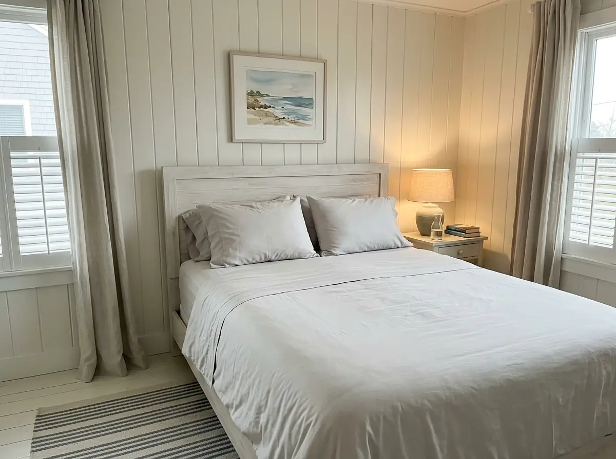 Guest bedroom in a coastal cottage with a neatly made bed and morning light through shutters