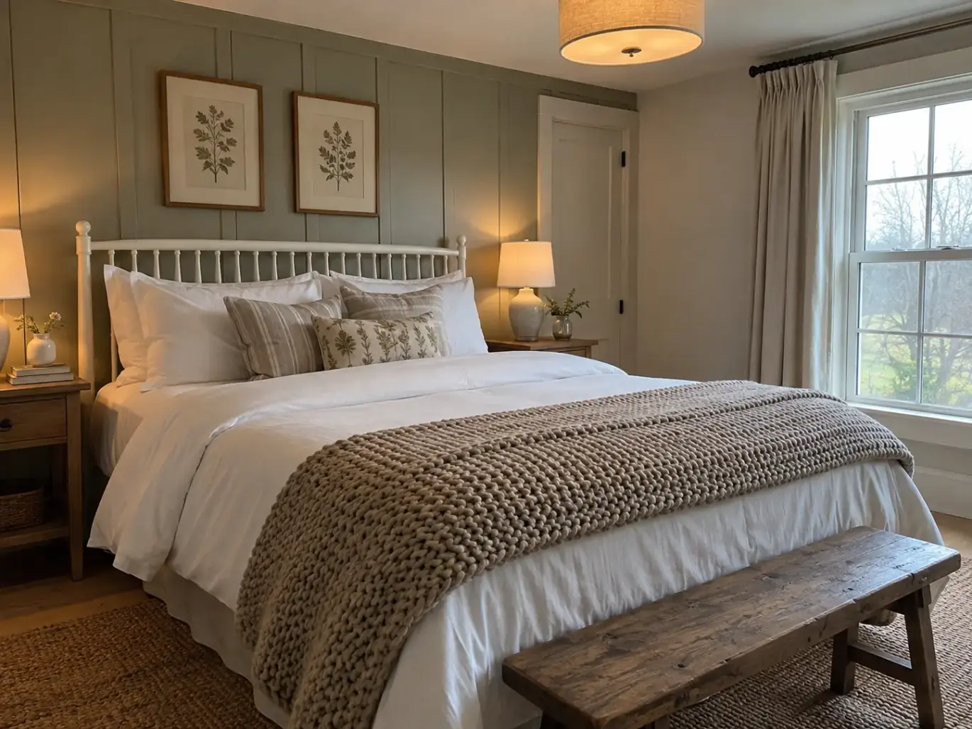 A neatly made farmhouse bed in morning light, the flat sheet folded back in a clean band over the duvet