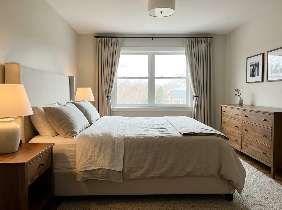 Heavy washed linen bedding neatly made on a queen bed in a warmly furnished bedroom