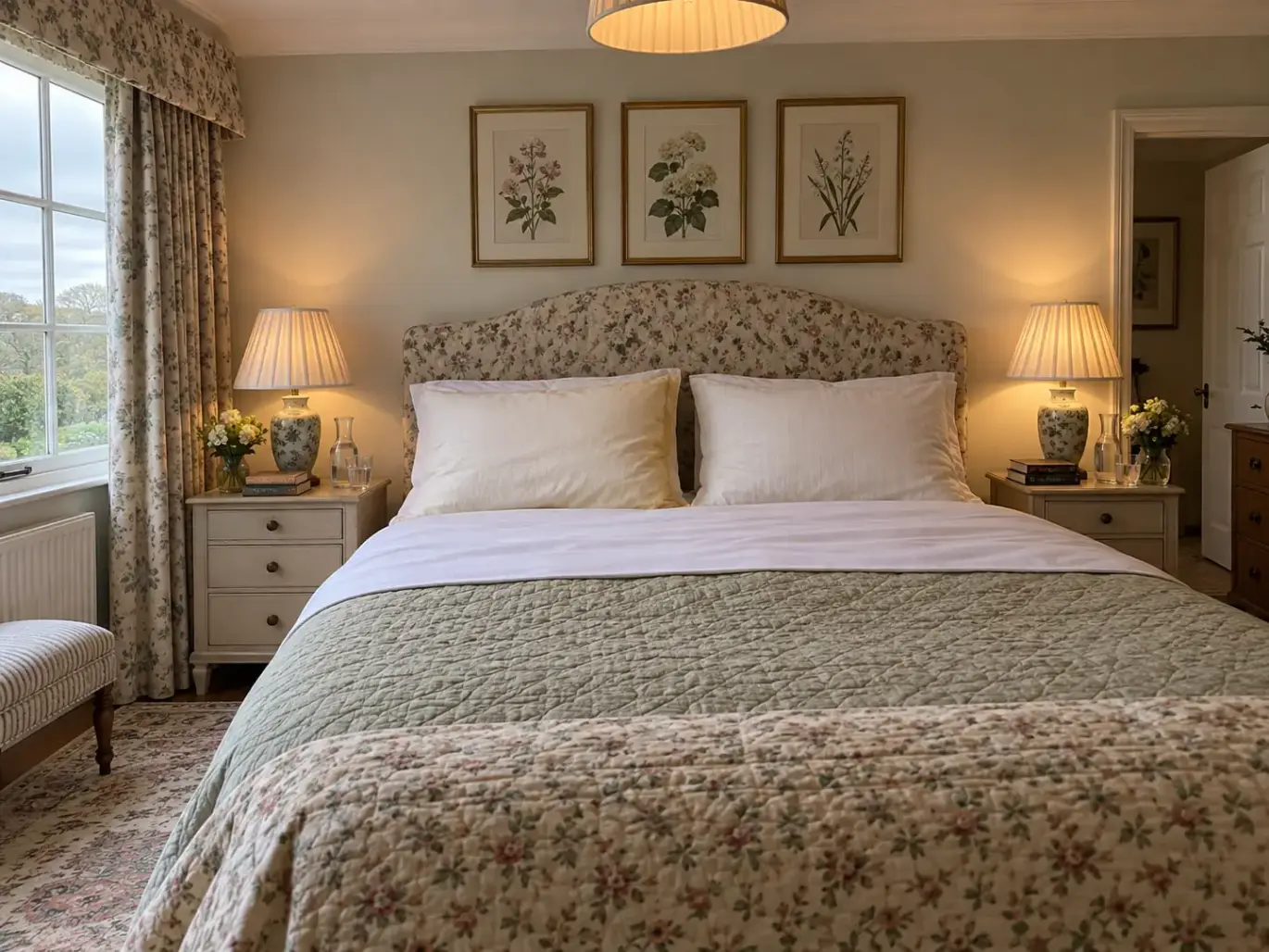 A neatly made bed with two bare pillows turned up, one faintly yellowed at the seams, in morning light