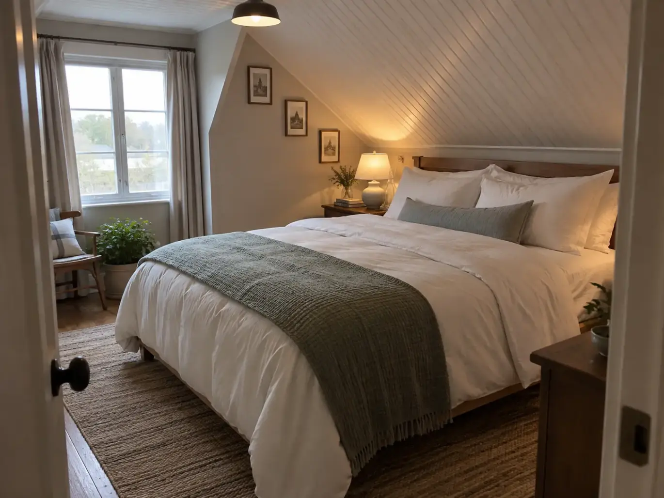 Neatly made bed in a converted attic bedroom, morning light through the dormer window